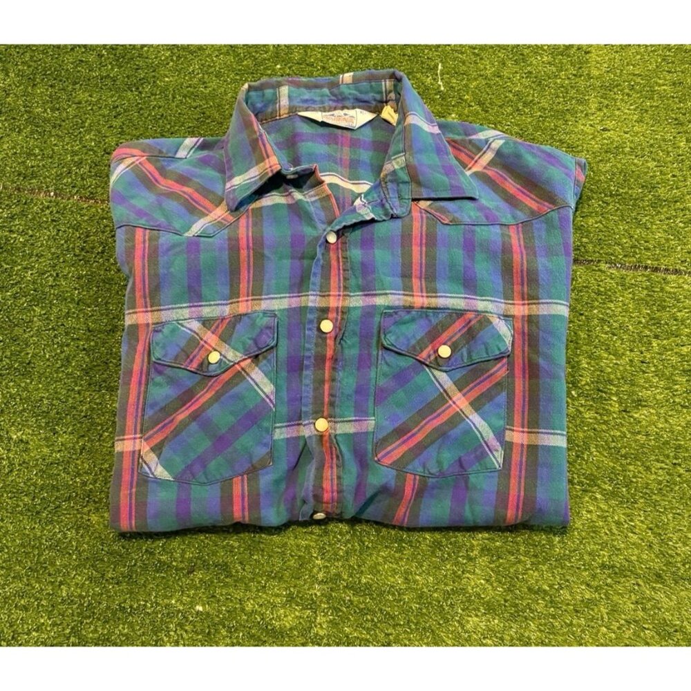 Vintage five brother shirt mens XL blue green pearl snap pockets western 39 - Picture 1 of 13